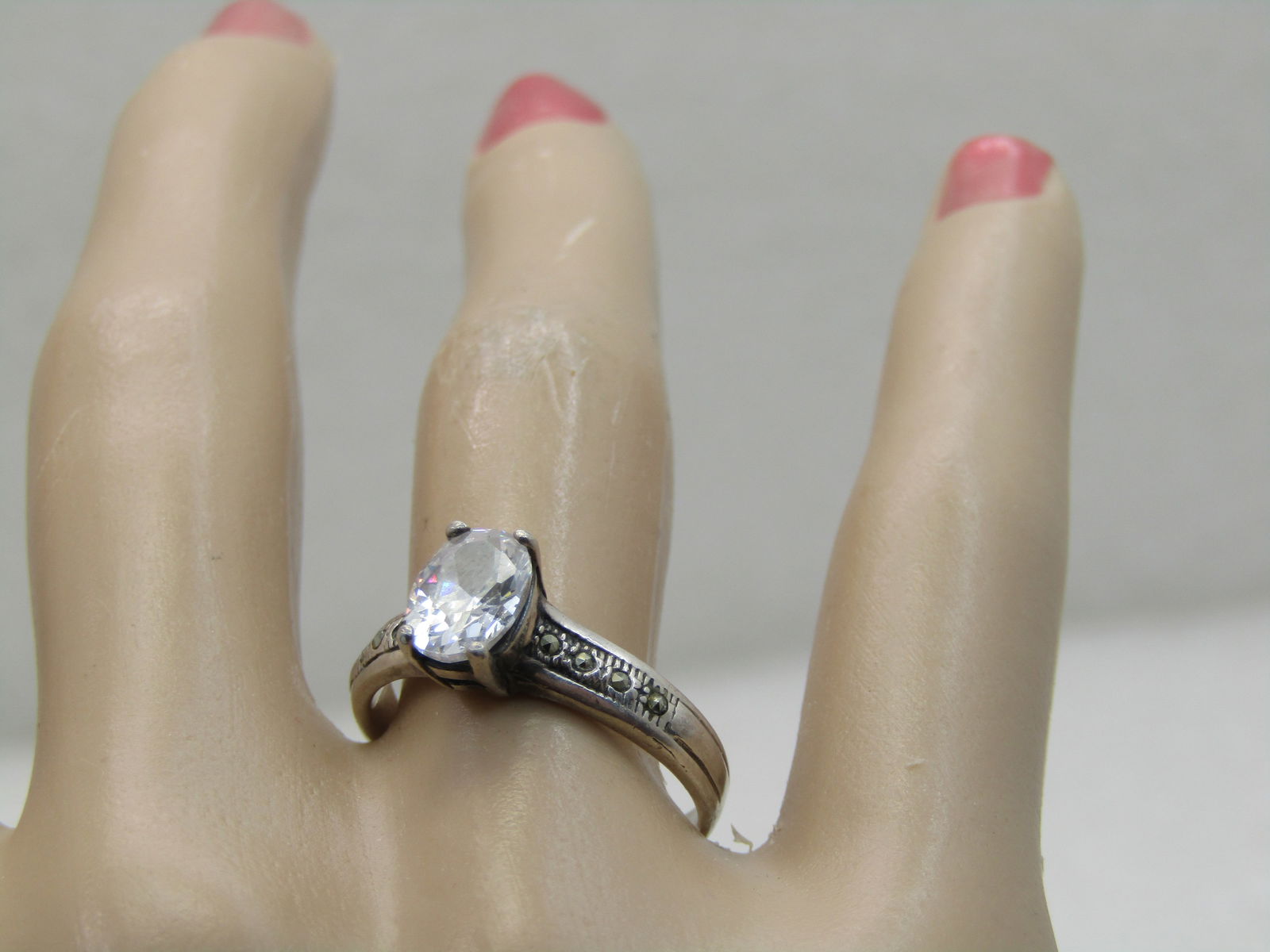 Vintage Sterling Silver Clear Stone & Marcasite Ring, Sz. 8 - 5