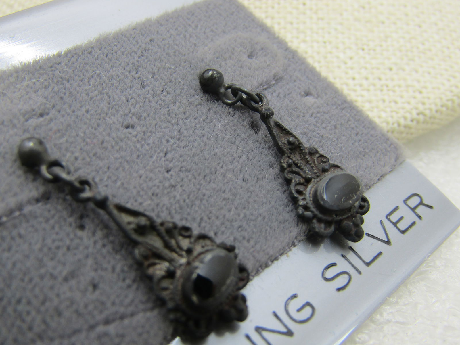 Vintage Sterling Silver Victorian Themed Earrings, Dangle, Signed MA - vintage new on card - 2