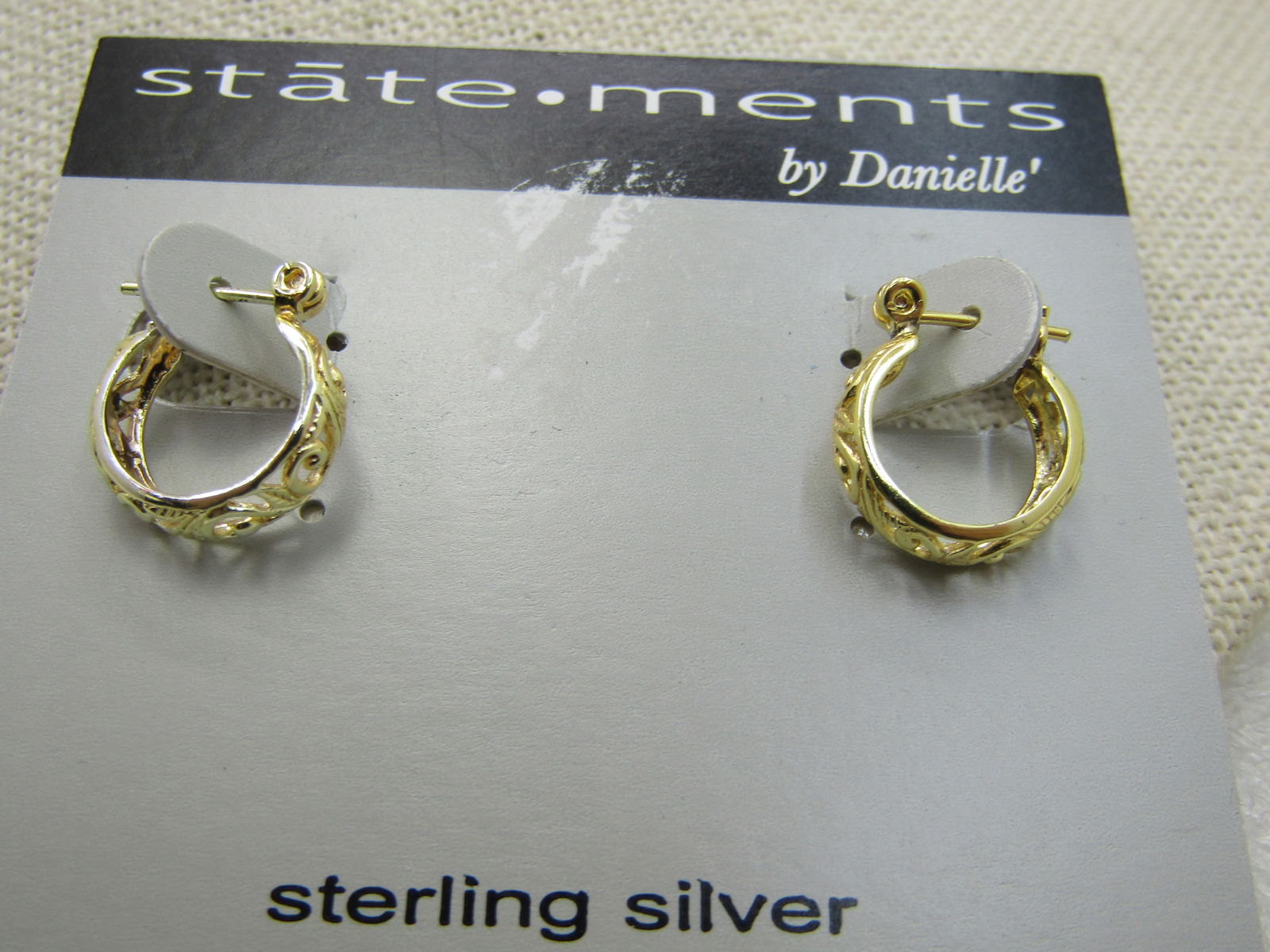 Vintage Gold over Sterling Filigree Hoop Earrings, Pierced, Statements by Danielle: Vintage Gold over Sterling Filigree Hoop Earrings, Pierced, Statements by Danielle, vintage new on card. 1/2" hoops with hinged locking post. Appx. 1.54 grams. Goldwashed over sterling, marked and tes
