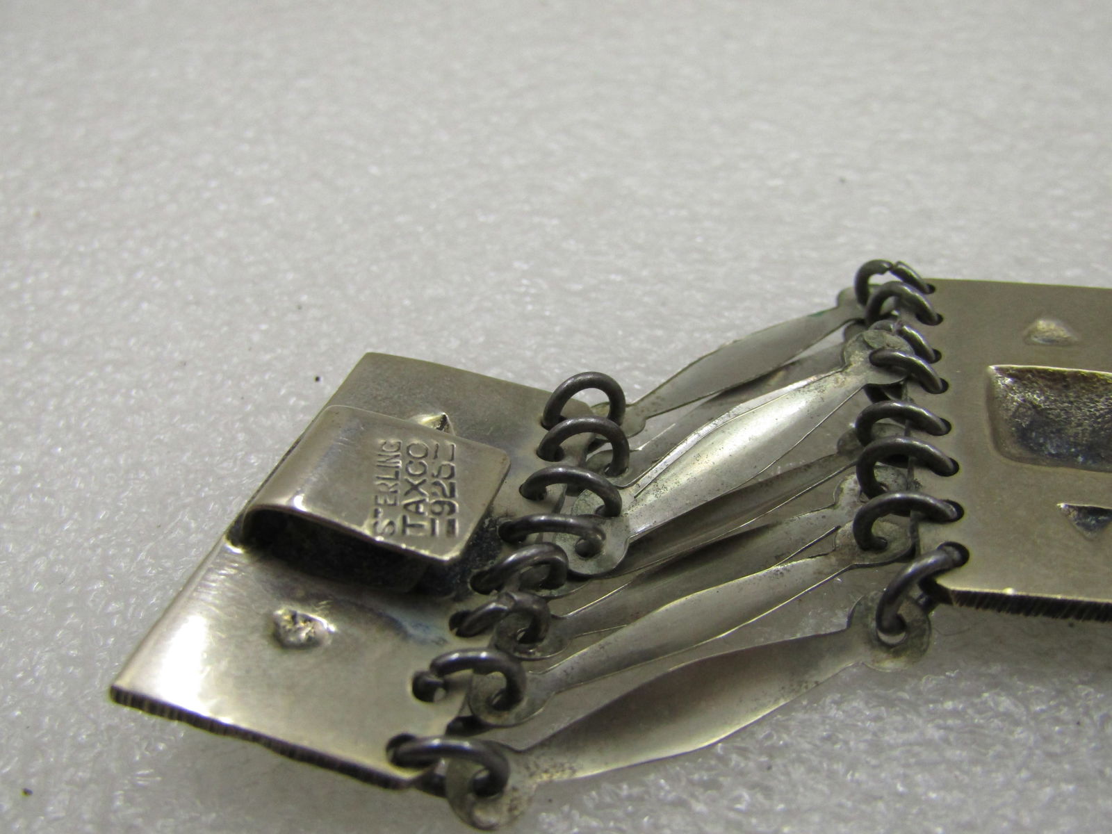 Vintage Mexican Aztec Themed Wide Bracelet, 7.5" Signed Taxco - 4