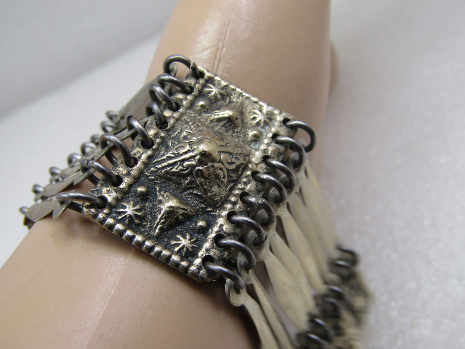 Vintage Mexican Aztec Themed Wide Bracelet, 7.5" Signed Taxco - 6