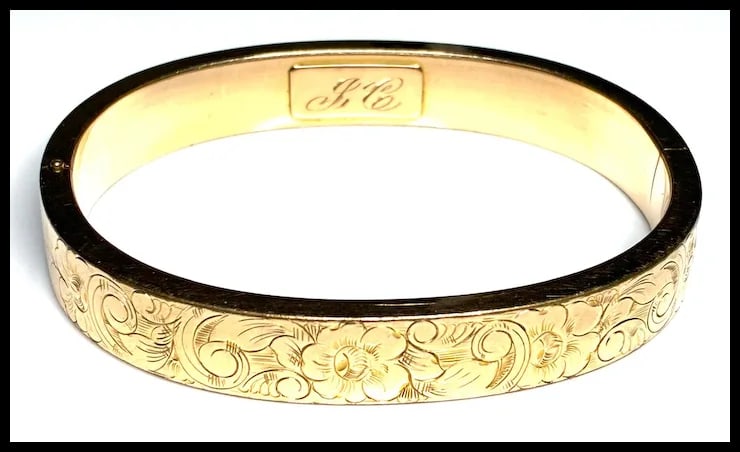 Vintage F&D Gold Filled Etcged Bangle Bracelet with the Initials JC Inside - 2
