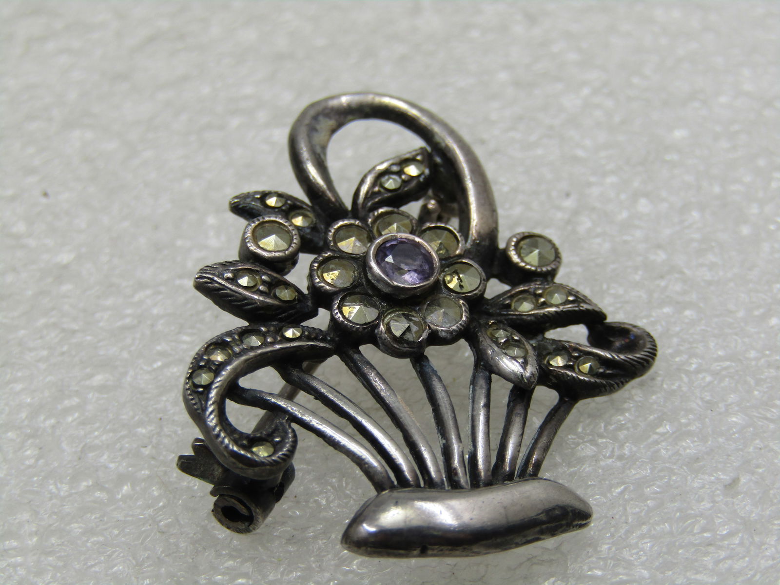 Vintage Sterling SIlver Marcasite Flower Basket Brooch, 1950's-1960's - 2