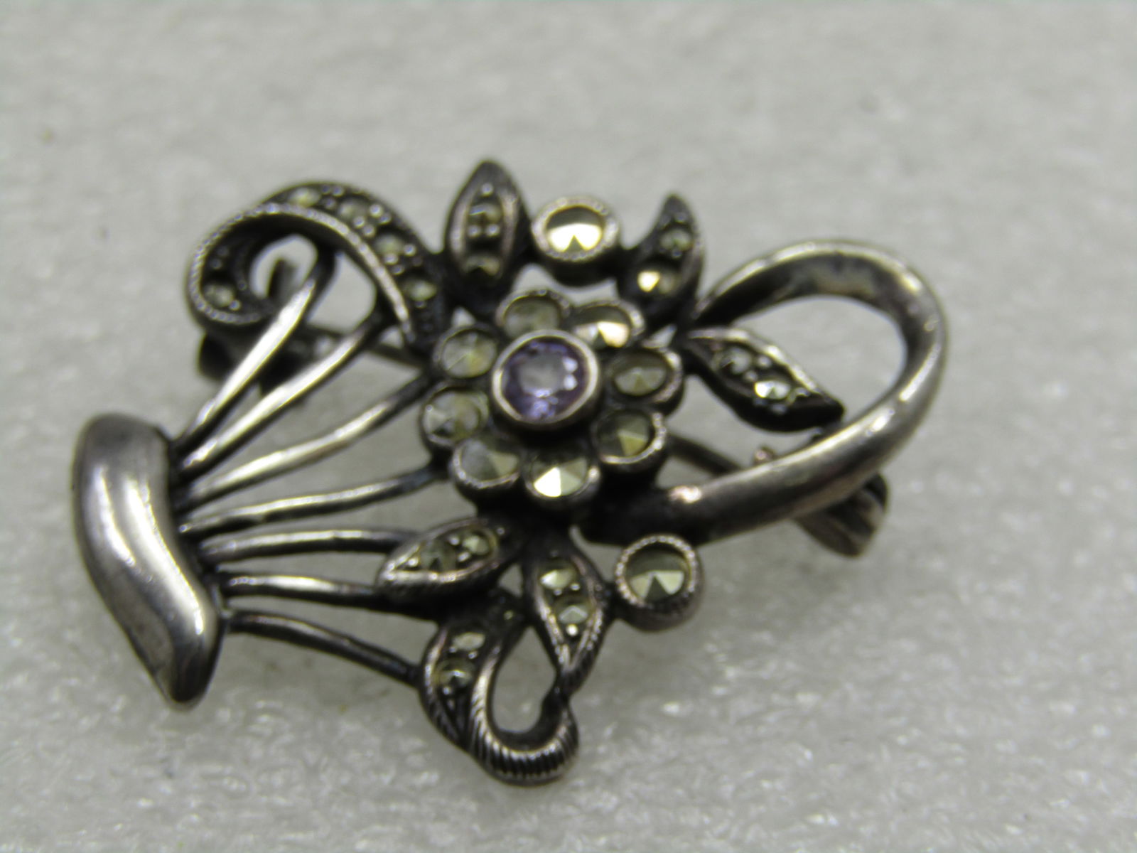 Vintage Sterling SIlver Marcasite Flower Basket Brooch, 1950's-1960's - 3