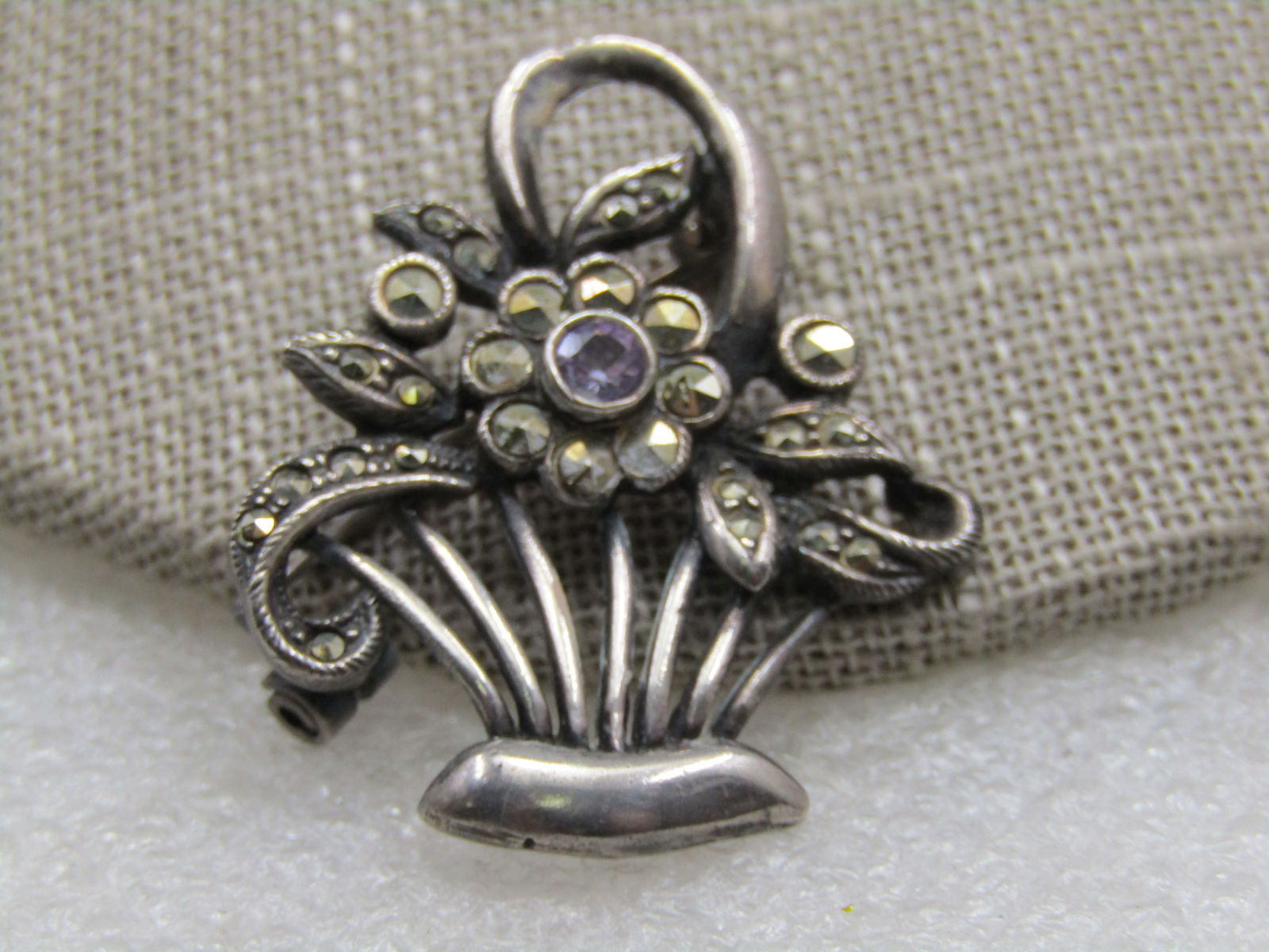 Vintage Sterling SIlver Marcasite Flower Basket Brooch, 1950's-1960's - 4