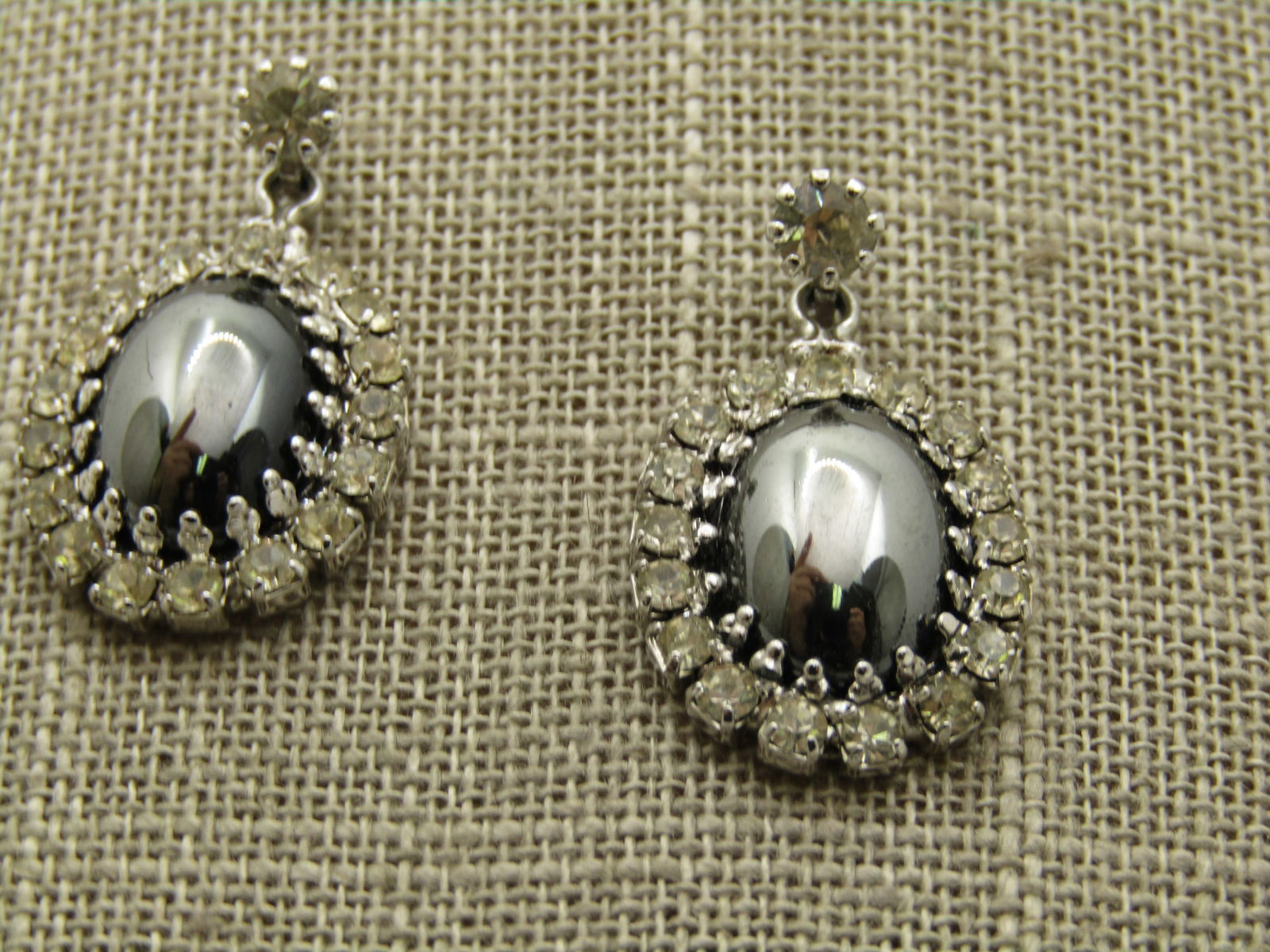 Vintage Rhinestone Hematite Drop Earrings, Art Deco Themed, 1.25" - 2