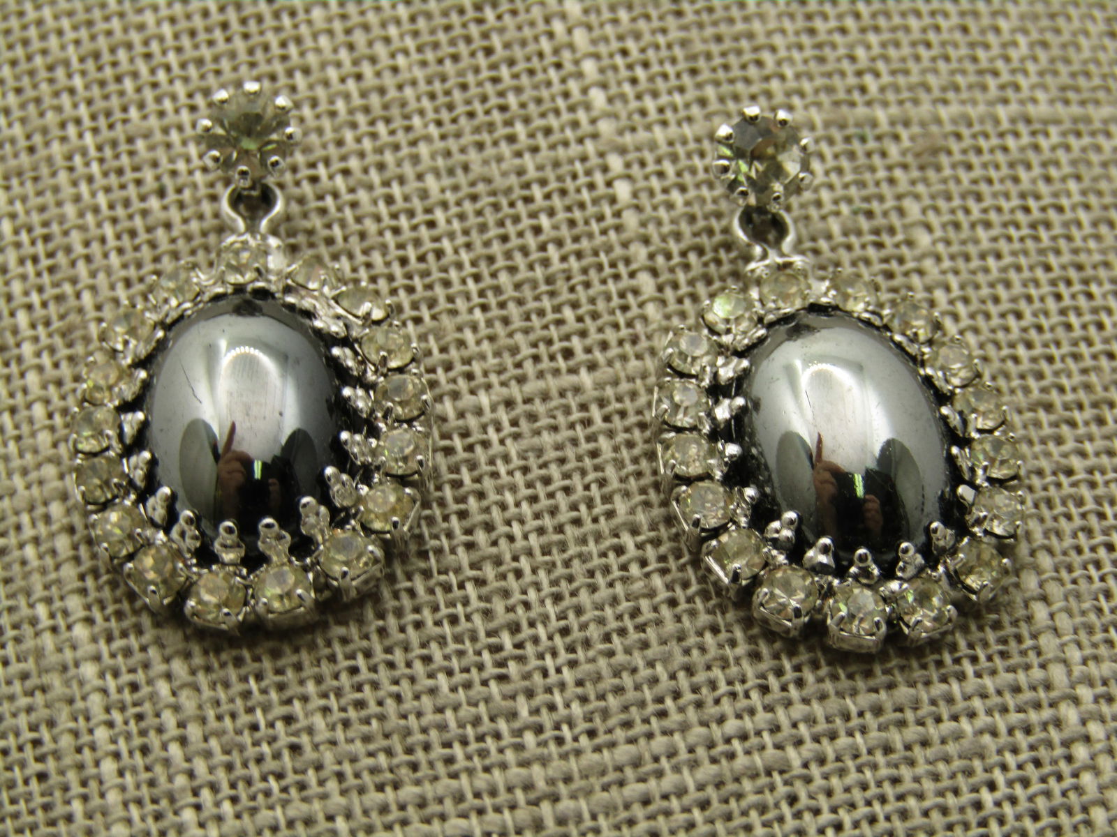 Vintage Rhinestone Hematite Drop Earrings, Art Deco Themed, 1.25" - 3