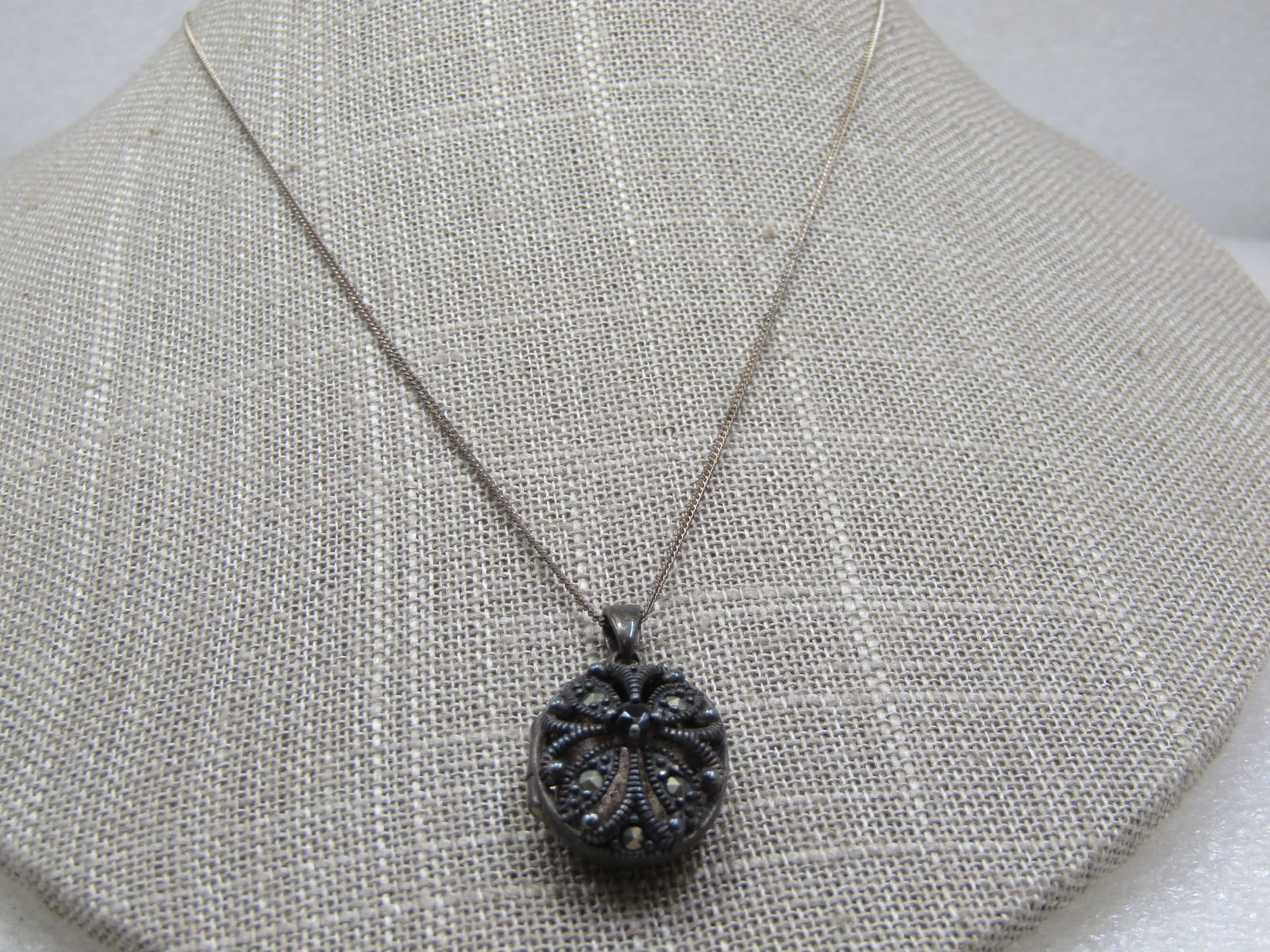 Vintage Sterling Marcasite Blossom Locket Necklace, 19", Signed RJ - 2