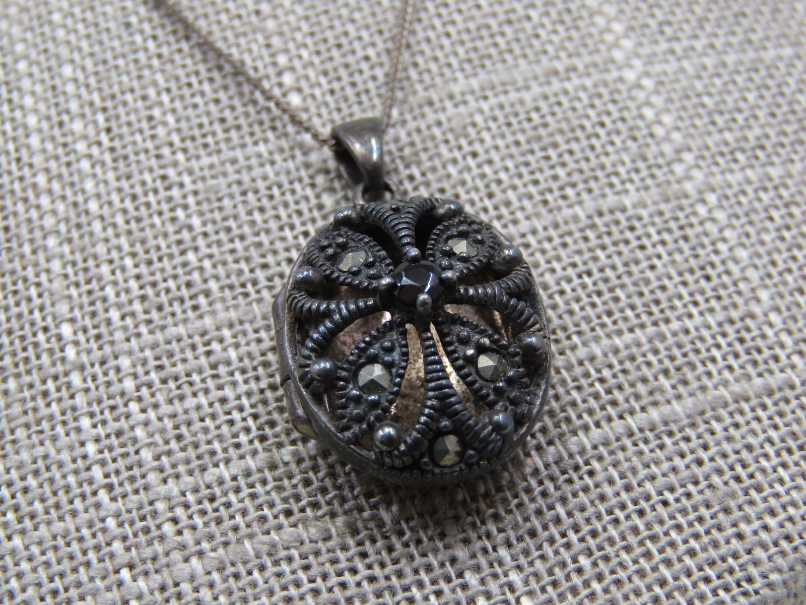 Vintage Sterling Marcasite Blossom Locket Necklace, 19", Signed RJ - 3