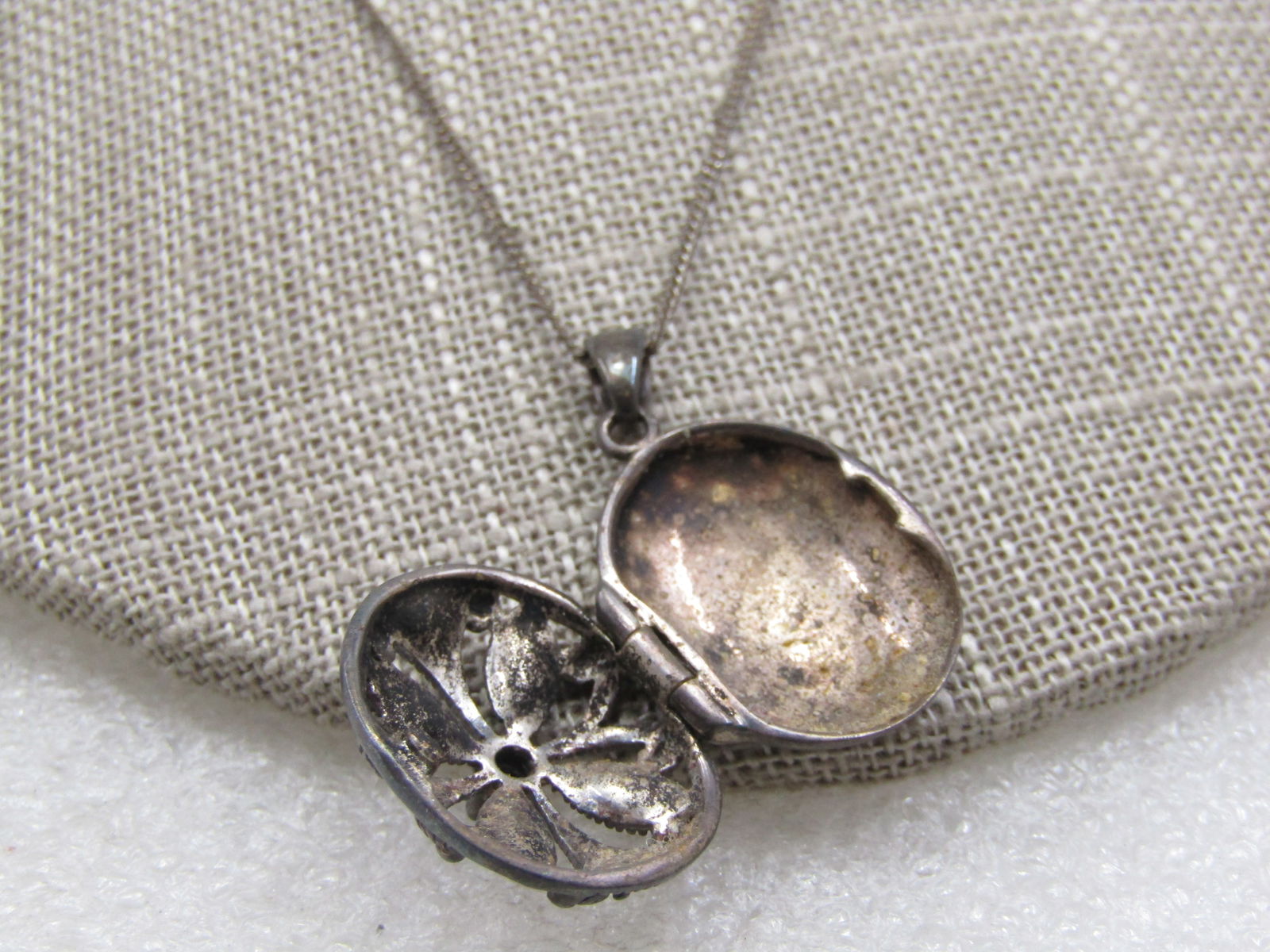 Vintage Sterling Marcasite Blossom Locket Necklace, 19", Signed RJ - 5