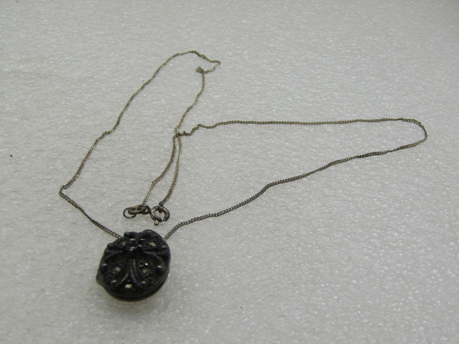 Vintage Sterling Marcasite Blossom Locket Necklace, 19", Signed RJ - 6