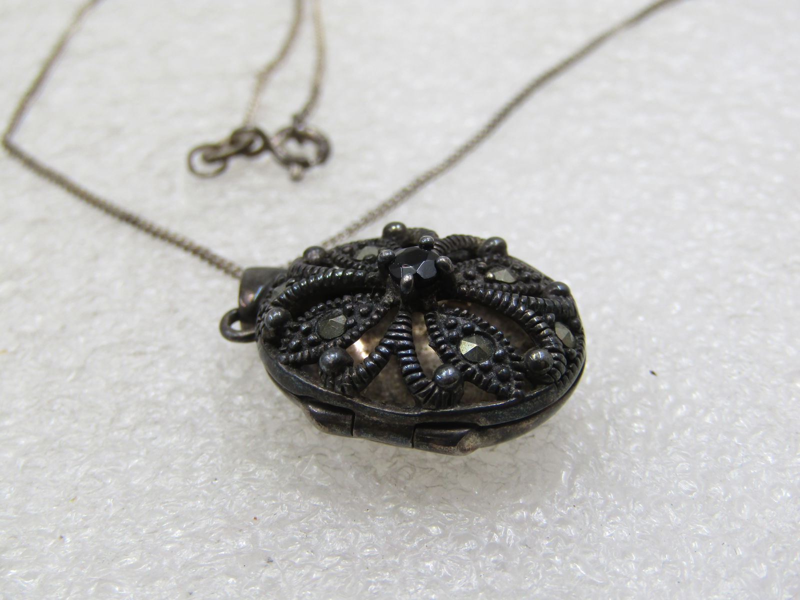 Vintage Sterling Marcasite Blossom Locket Necklace, 19", Signed RJ - 7