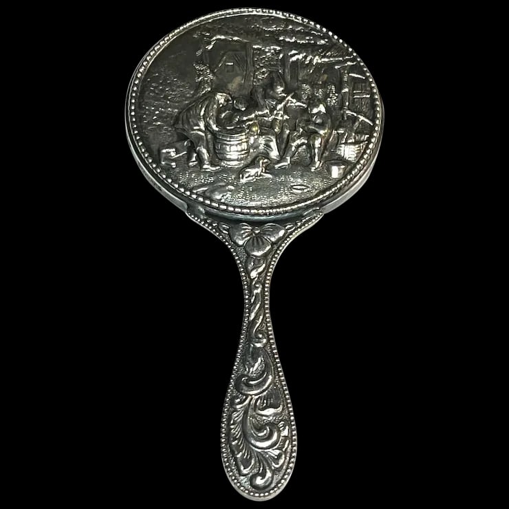 Vintage Denmark Hans Jensen Handheld Handbag Mirror: Title: Vintage Denmark Hans Jensen Handheld Handbag Mirror Description: Vintage Denmark Hans Jensen Handheld Handbag Mirror Hallmarked: Denmark with a Fish Symbol- Hans Jensen Silver PlateWeighs 45.1