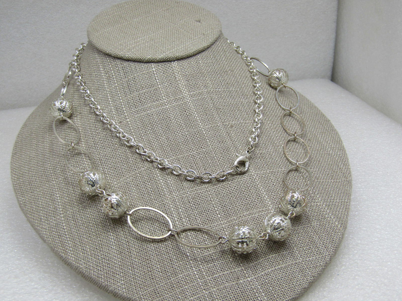 Vintage Filigree Beaded Necklace, 34" Silver Tone - 3