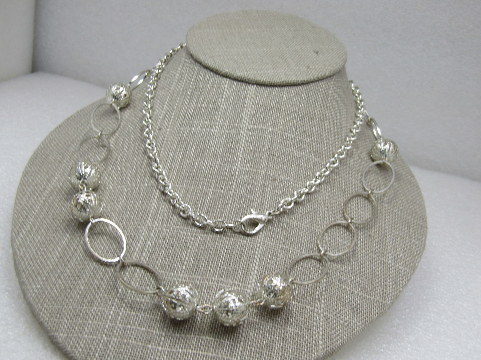 Vintage Filigree Beaded Necklace, 34" Silver Tone - 4