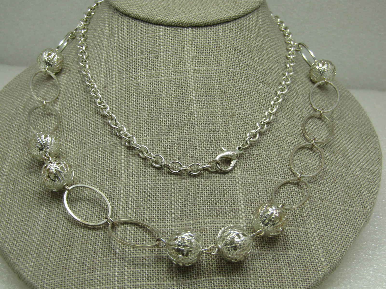 Vintage Filigree Beaded Necklace, 34" Silver Tone - 8
