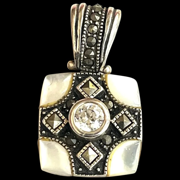 Estate Sterling Silver Marcasite and Mother of Pearl Pendant (1 of 6)
