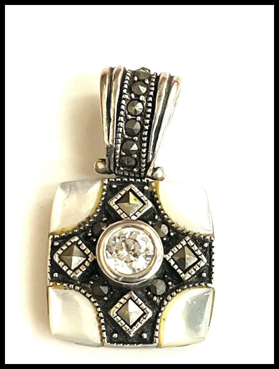 Estate Sterling Silver Marcasite and Mother of Pearl Pendant - 2