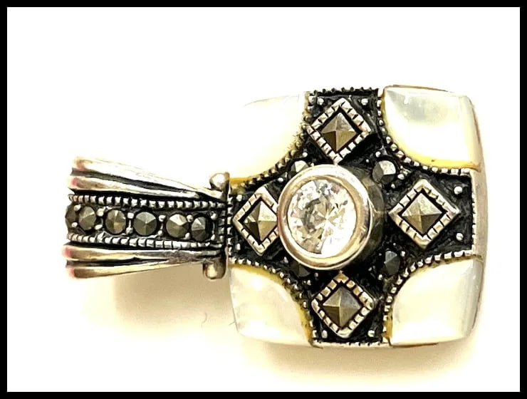 Estate Sterling Silver Marcasite and Mother of Pearl Pendant - 3