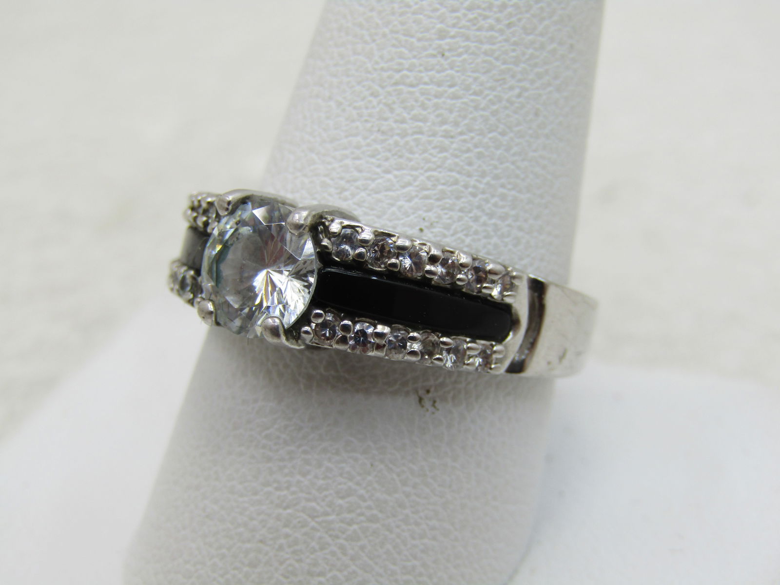 Silver Plated CZ Black & Clear Ring, Sz. 10.5. Tiered, 3 Rows - 2