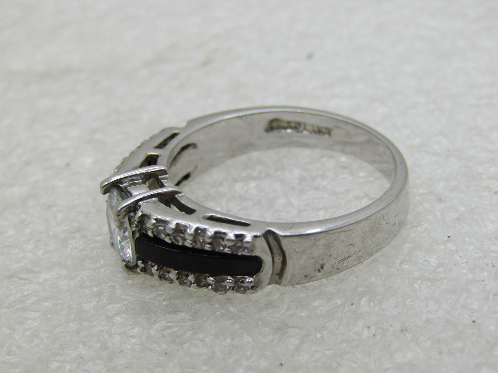 Silver Plated CZ Black & Clear Ring, Sz. 10.5. Tiered, 3 Rows - 3