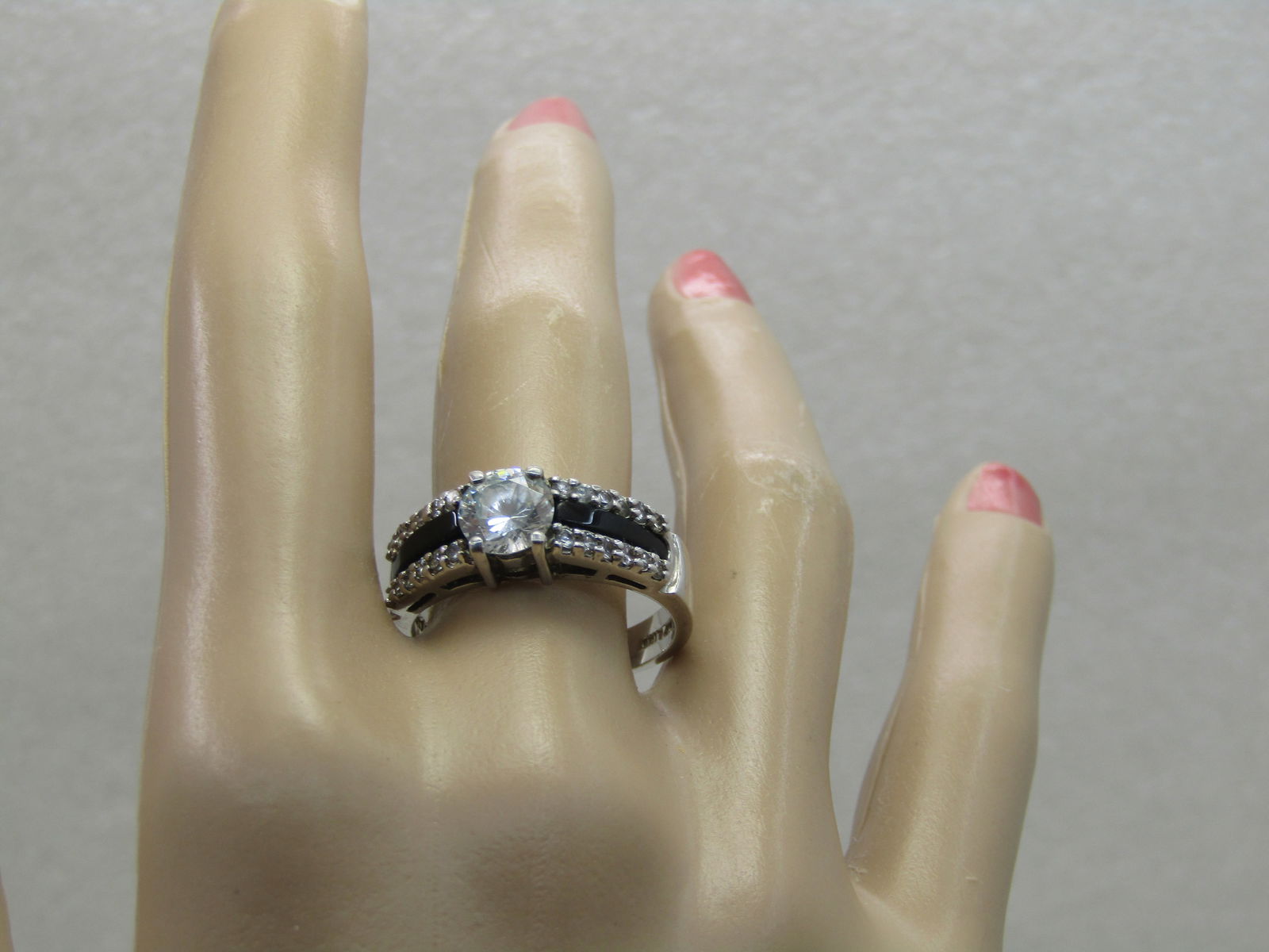 Silver Plated CZ Black & Clear Ring, Sz. 10.5. Tiered, 3 Rows - 5