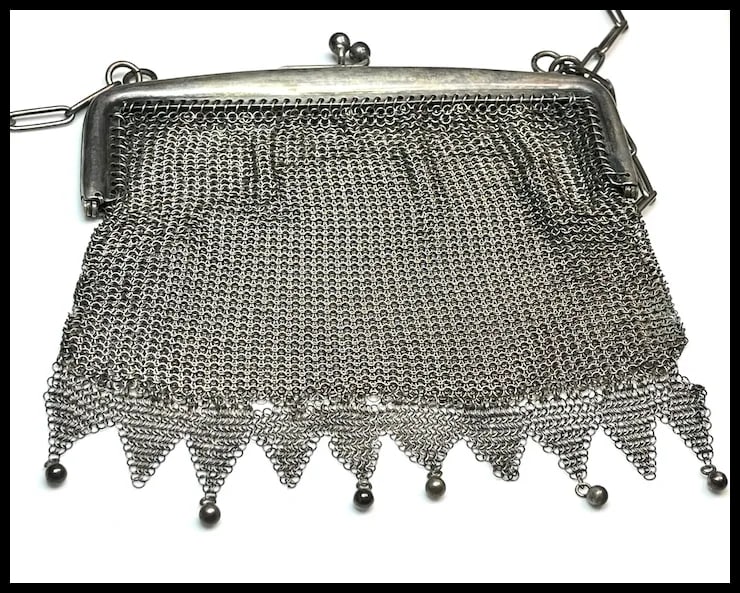Antique Silver 800 Chainmail/ Mesh Evening Bag/ Purse Signed VM - 6