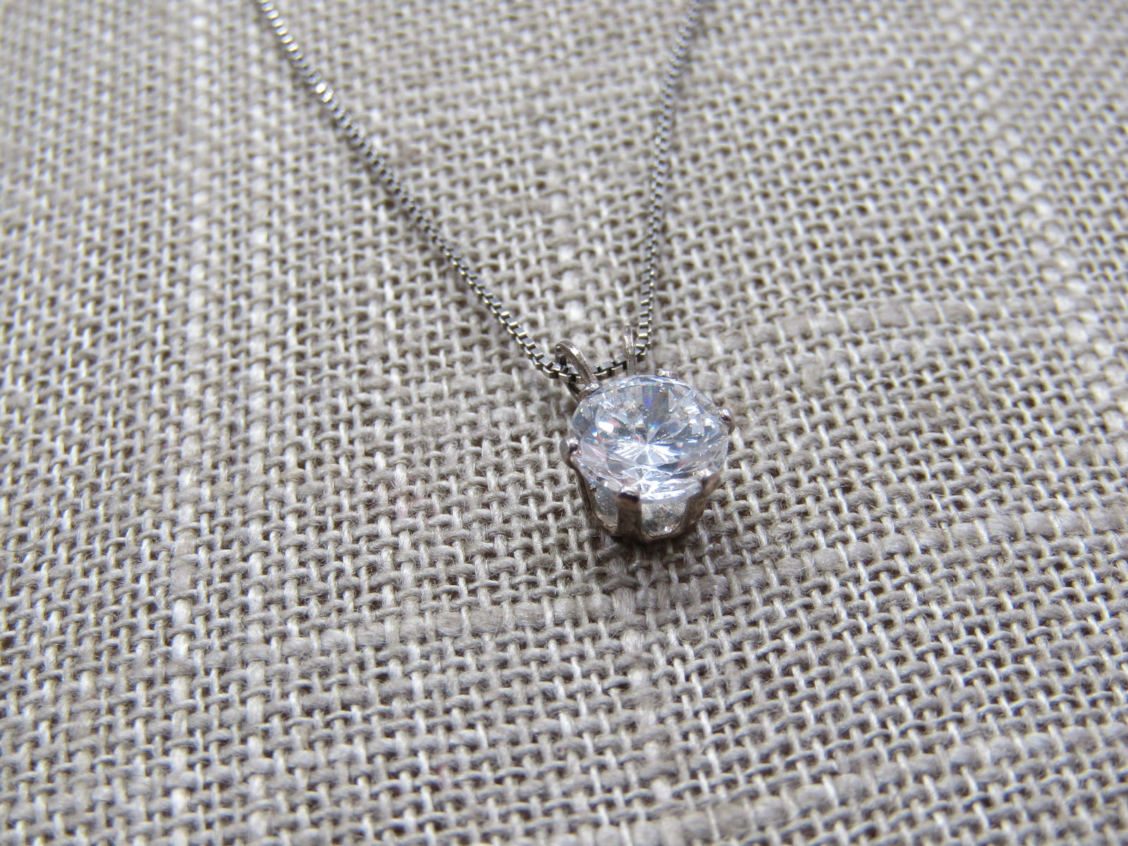 Vintage Sterling CZ Solitaire Necklace, 18" Sigined OTC - 2