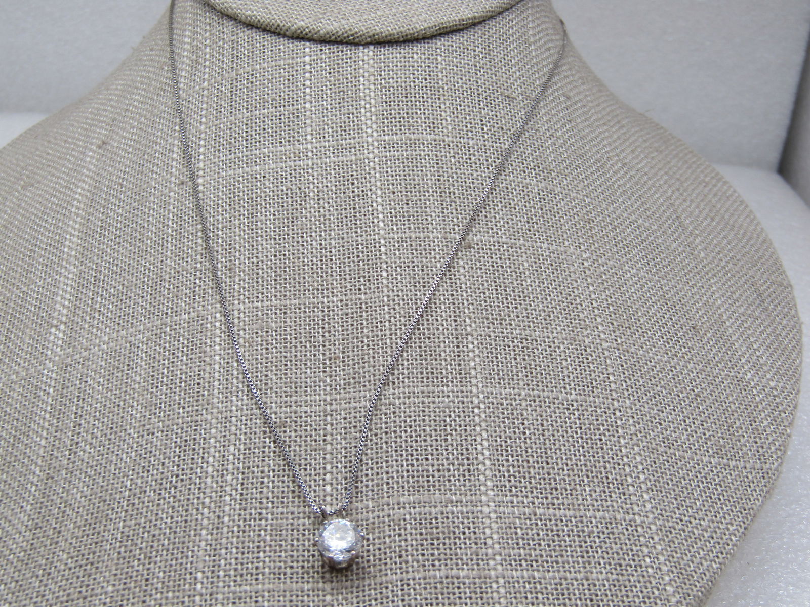 Vintage Sterling CZ Solitaire Necklace, 18" Sigined OTC - 3