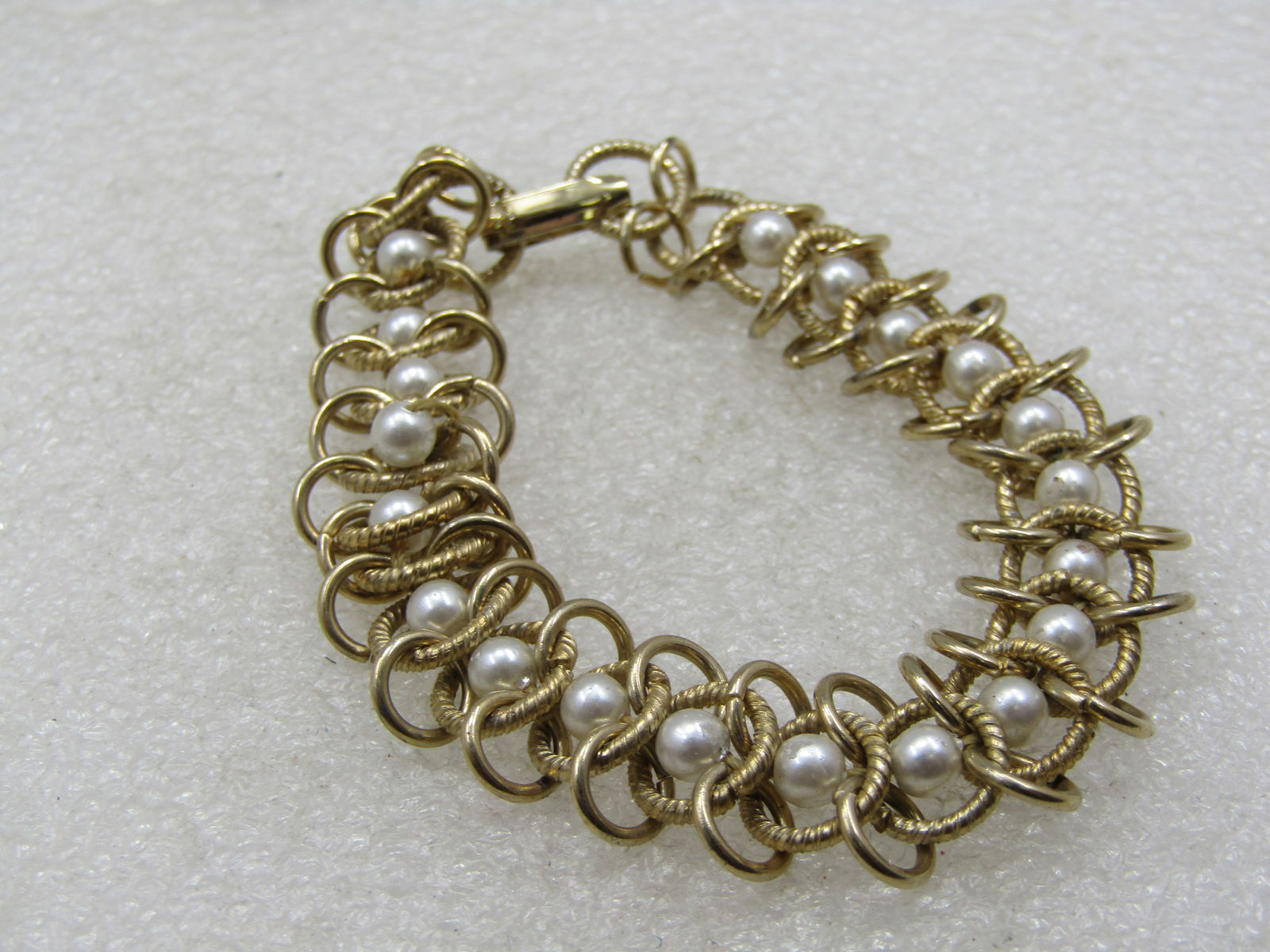 Vintage Faux Pearl Woven Link Bracelet, 6.75" - 3