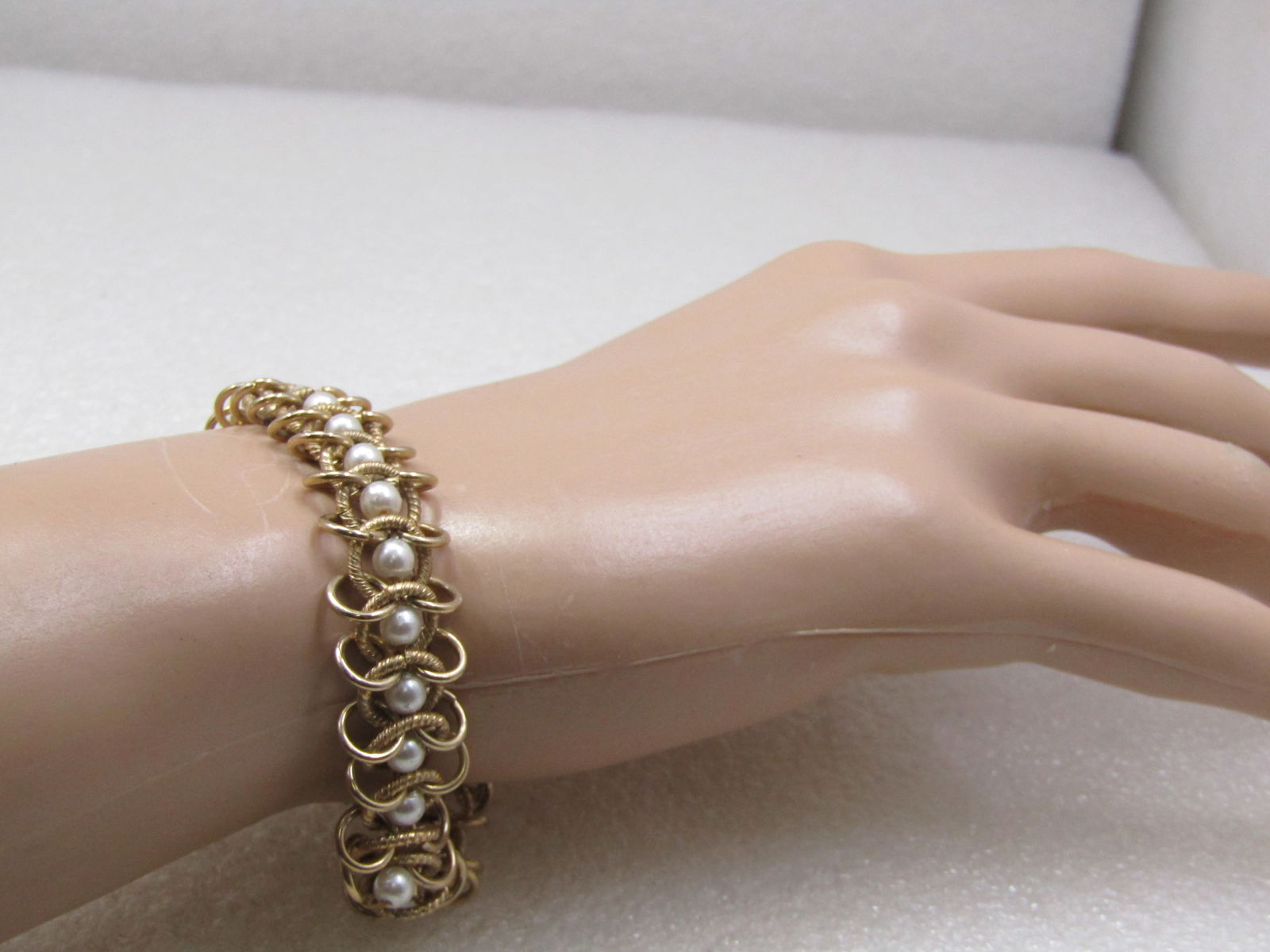 Vintage Faux Pearl Woven Link Bracelet, 6.75" - 5
