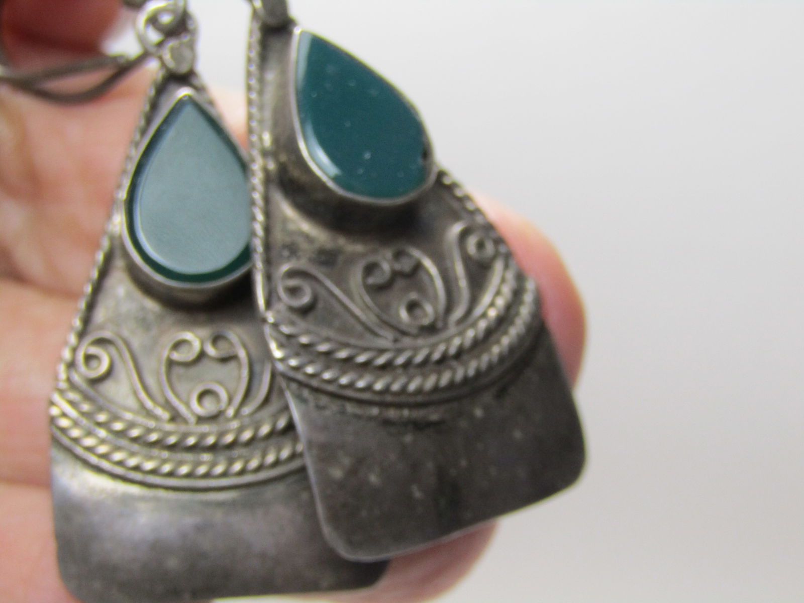 Vintage Bali Green Stone Pierced Earrings, Dangle, 2.5" (1 of 6)