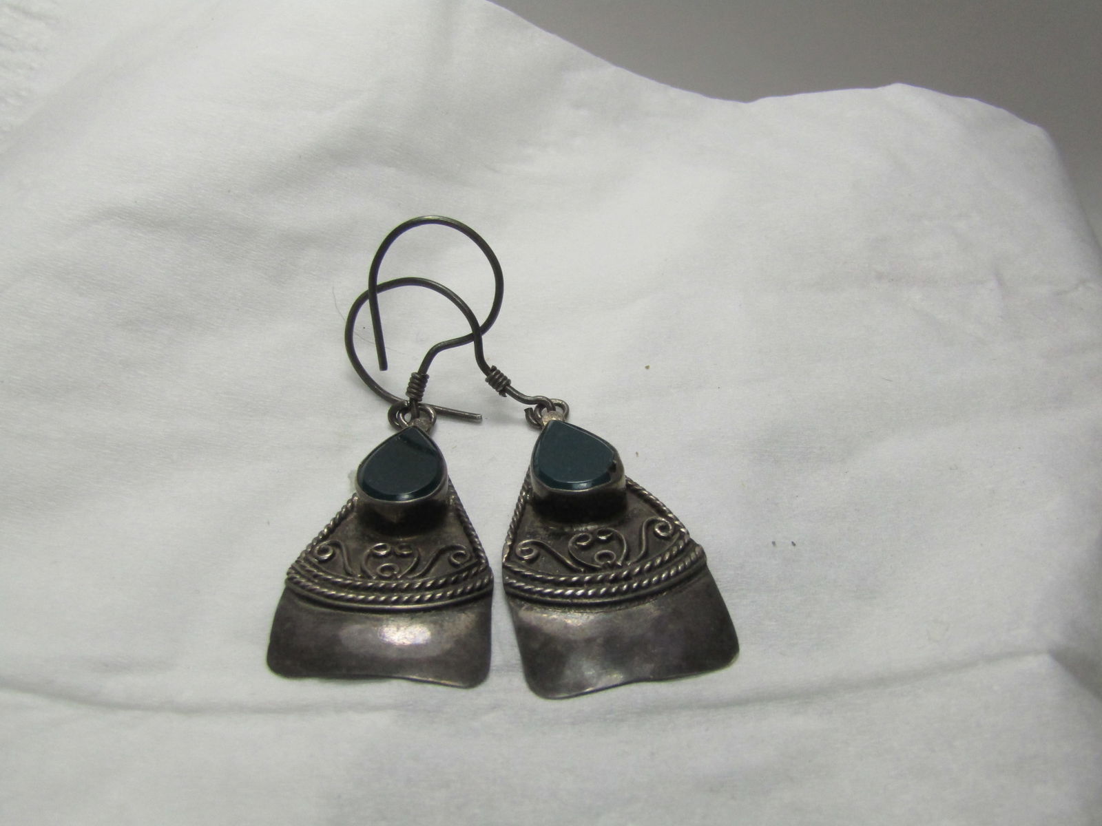 Vintage Bali Green Stone Pierced Earrings, Dangle, 2.5" - 4