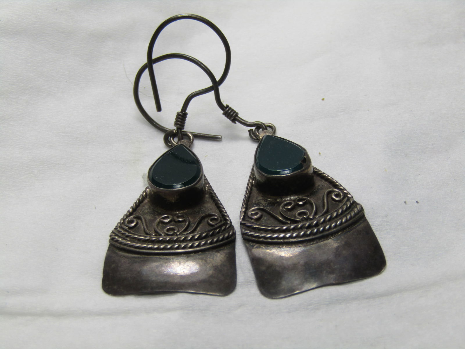 Vintage Bali Green Stone Pierced Earrings, Dangle, 2.5" - 5