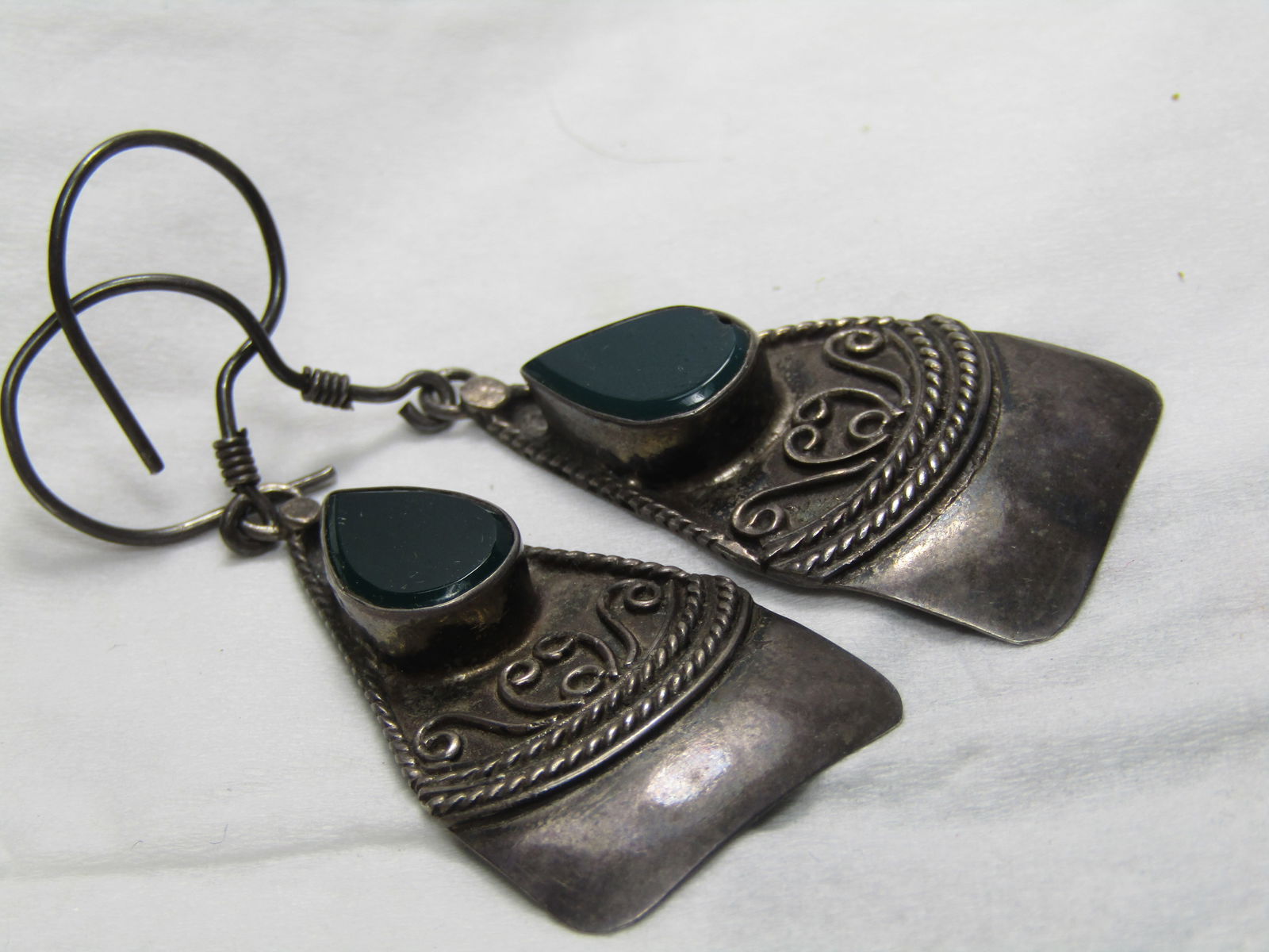 Vintage Bali Green Stone Pierced Earrings, Dangle, 2.5" - 6