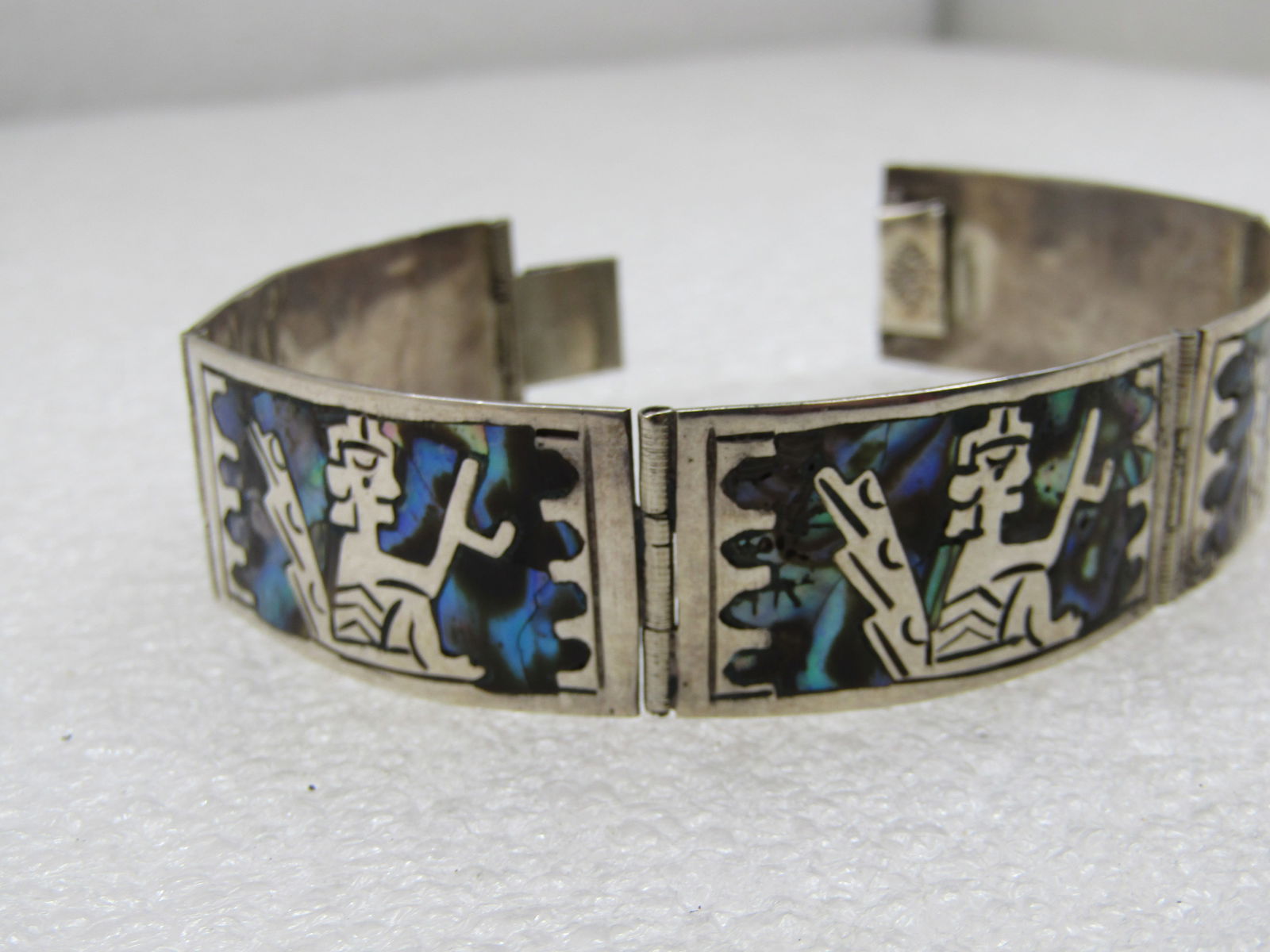 Vintage Mexican Sterling Inlaid Aztec Abalone Bracelet, 7" 1950's-1960's - 2