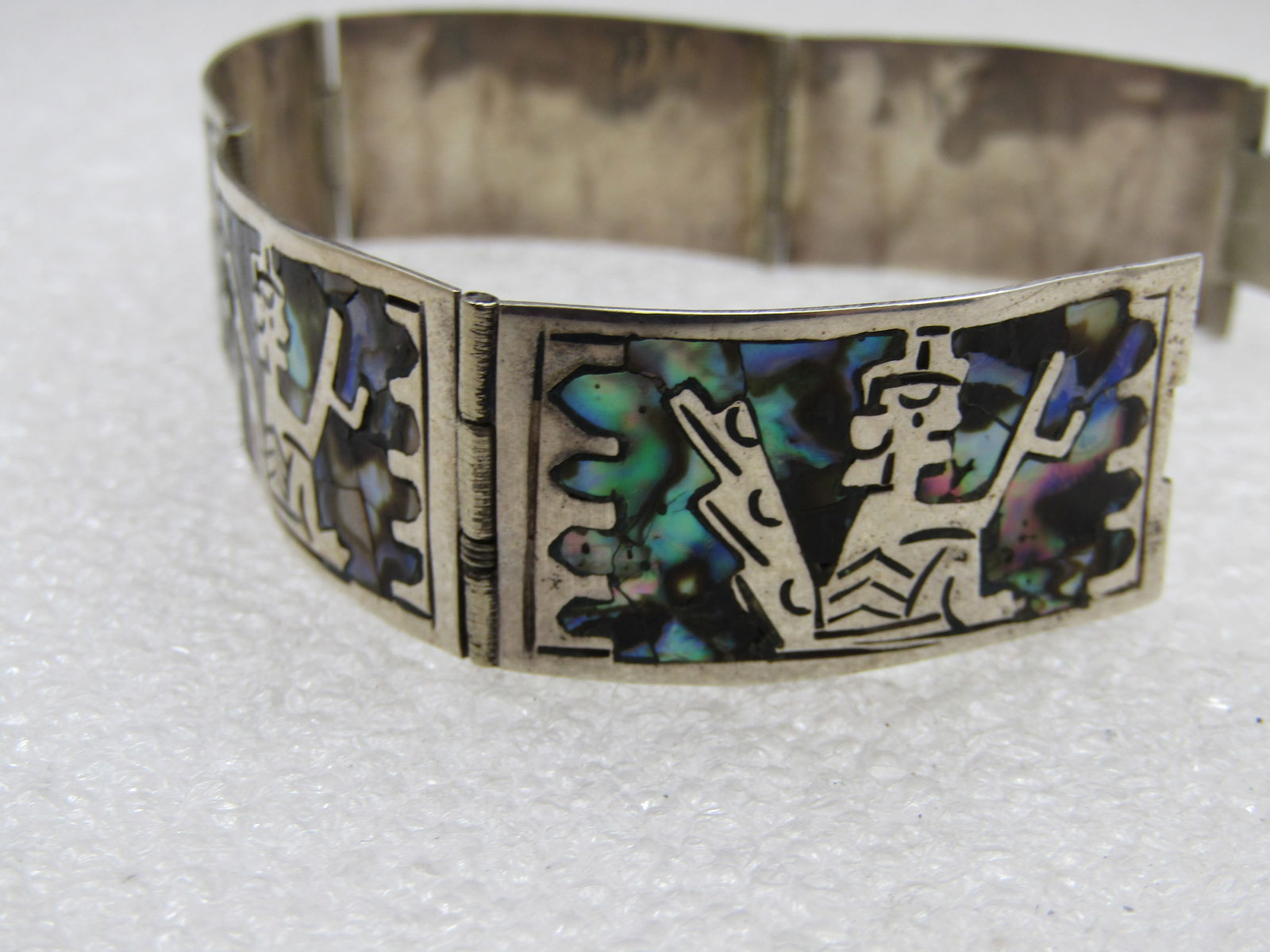 Vintage Mexican Sterling Inlaid Aztec Abalone Bracelet, 7" 1950's-1960's - 3