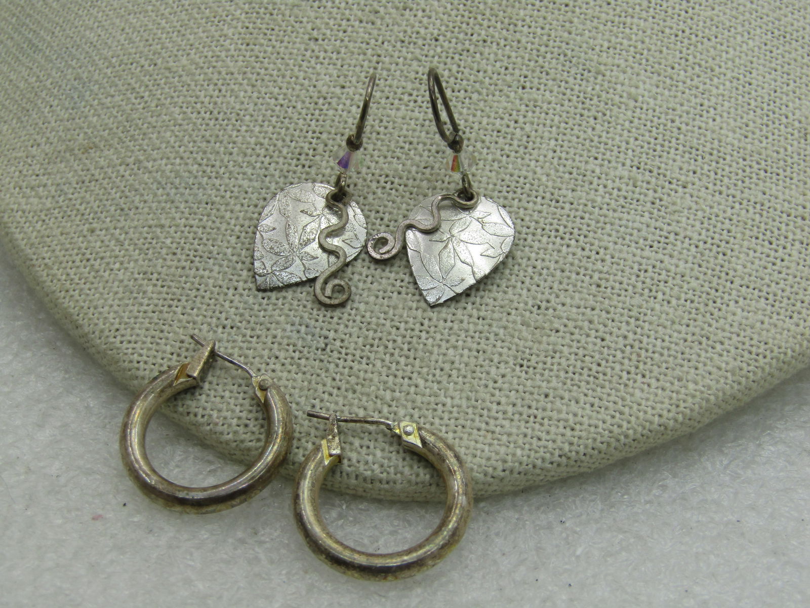 Vintage Sterling Silver Hoops & Silver Tone Leaf Earrings, Pierced - 2