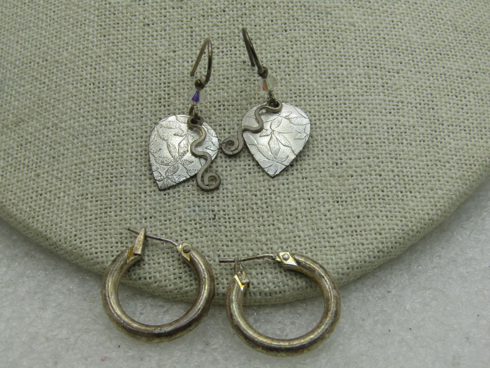Vintage Sterling Silver Hoops & Silver Tone Leaf Earrings, Pierced - 3