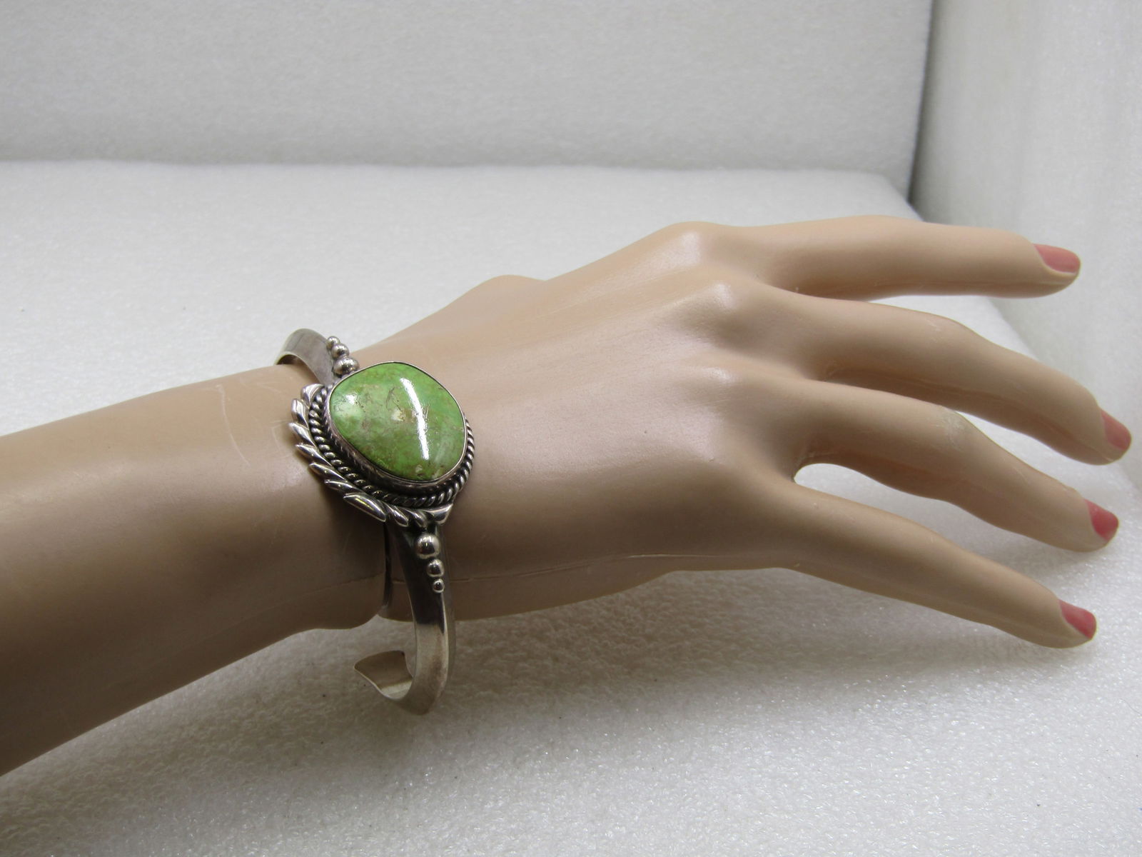 Vintage Sterling Southwestern Green Turquiose Cuff Bracelet, 6.5" Signed R - 6