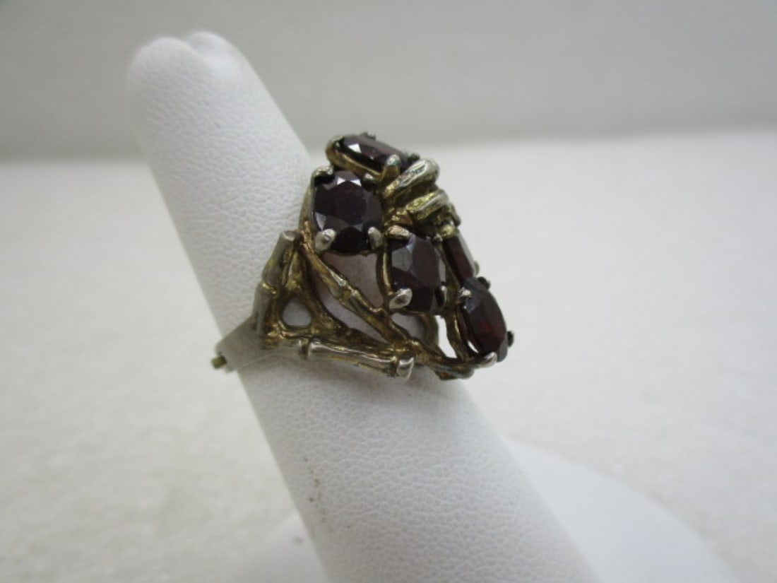 Vintage Simulated Garnet Ring, Adjustable Sz. 5-7, Silver Tone - 2