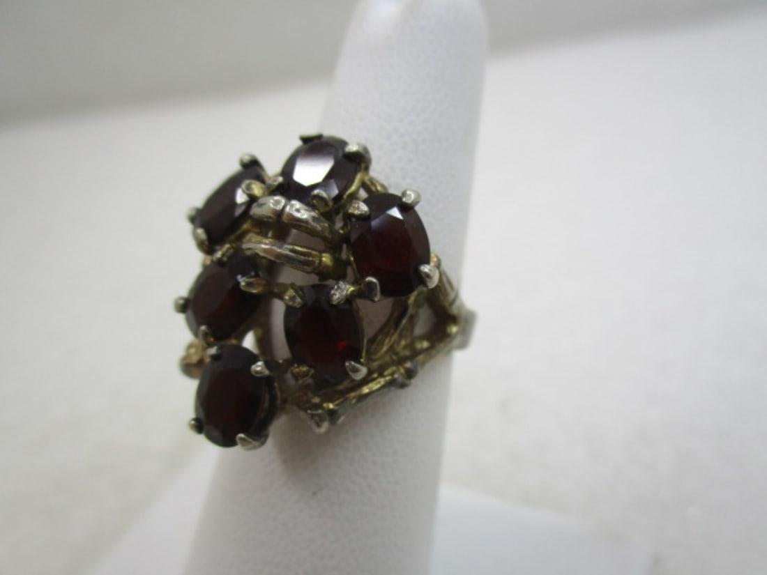 Vintage Simulated Garnet Ring, Adjustable Sz. 5-7, Silver Tone - 3