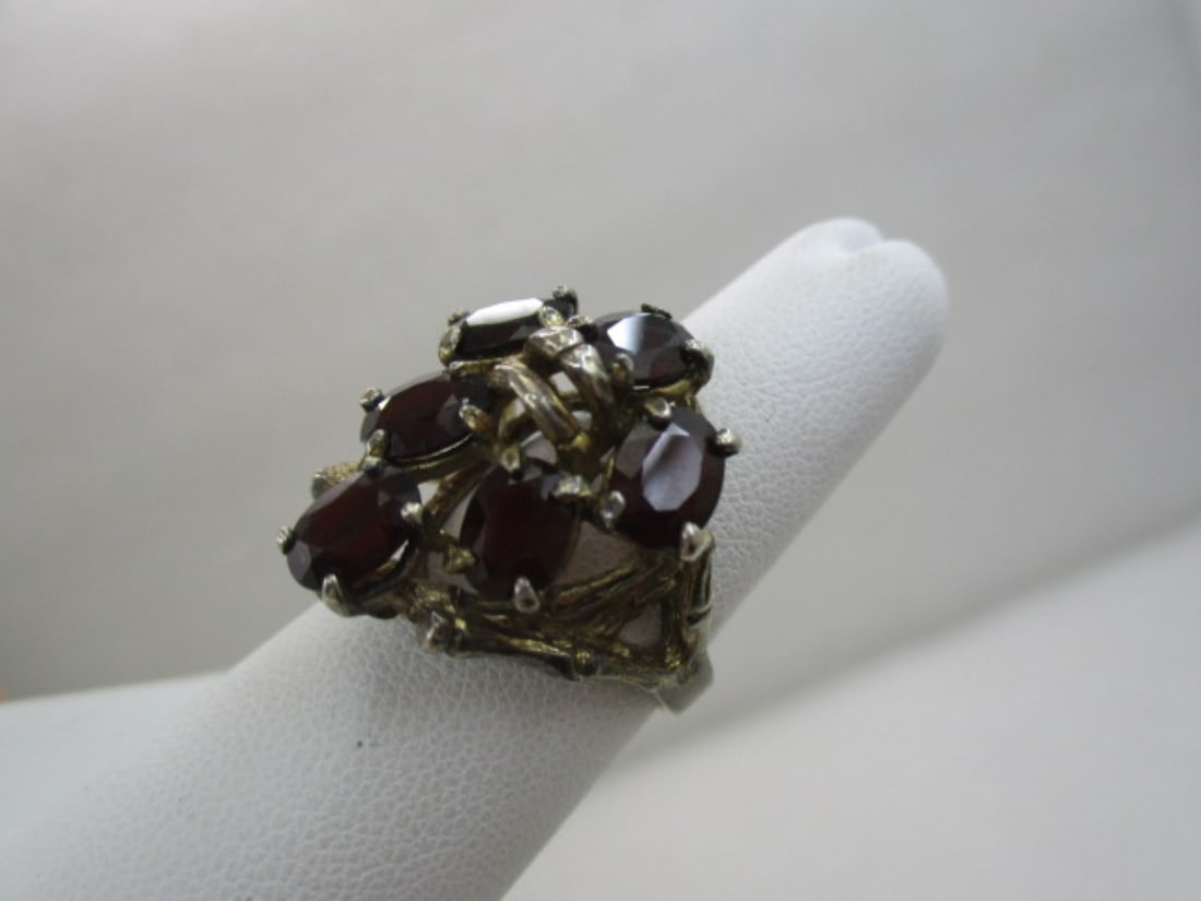Vintage Simulated Garnet Ring, Adjustable Sz. 5-7, Silver Tone - 4