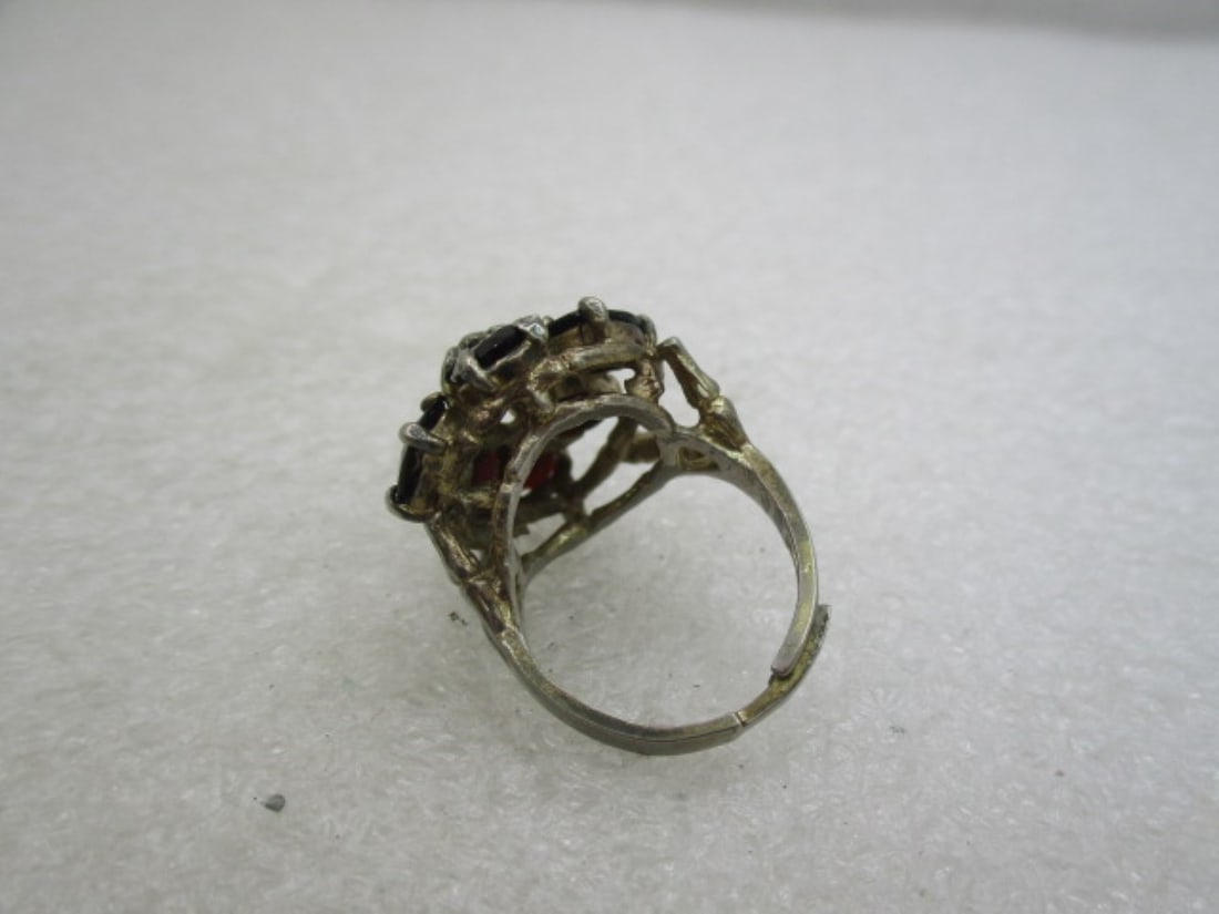 Vintage Simulated Garnet Ring, Adjustable Sz. 5-7, Silver Tone - 5