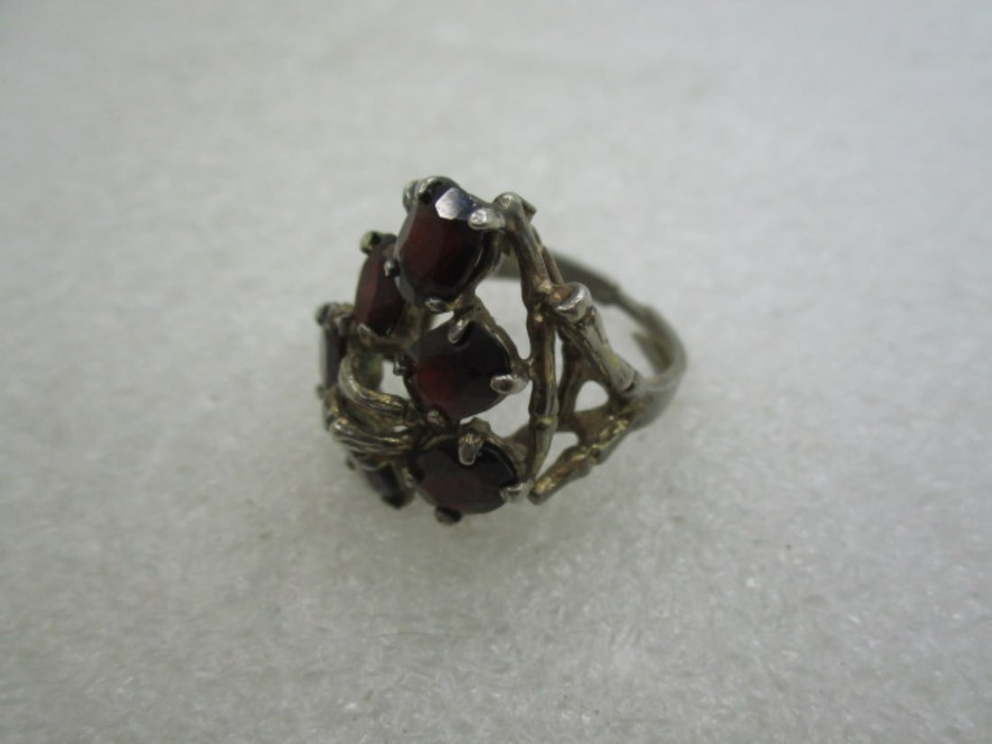Vintage Simulated Garnet Ring, Adjustable Sz. 5-7, Silver Tone - 6