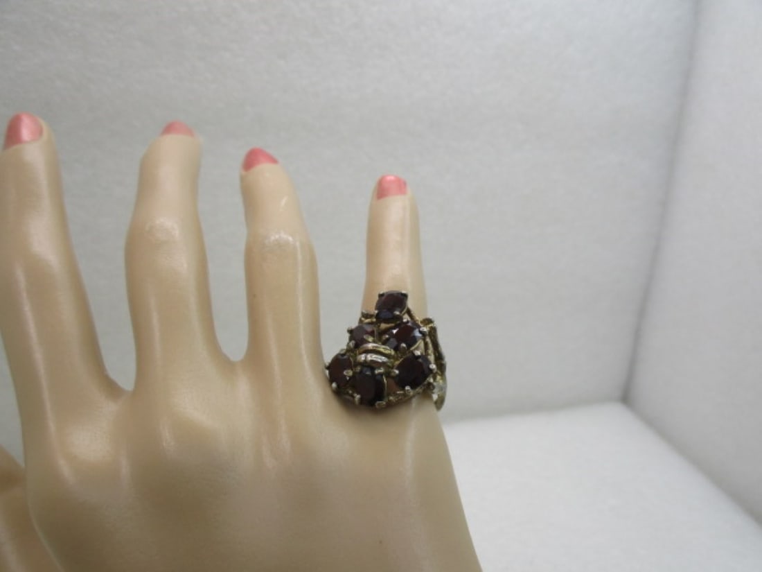 Vintage Simulated Garnet Ring, Adjustable Sz. 5-7, Silver Tone - 7