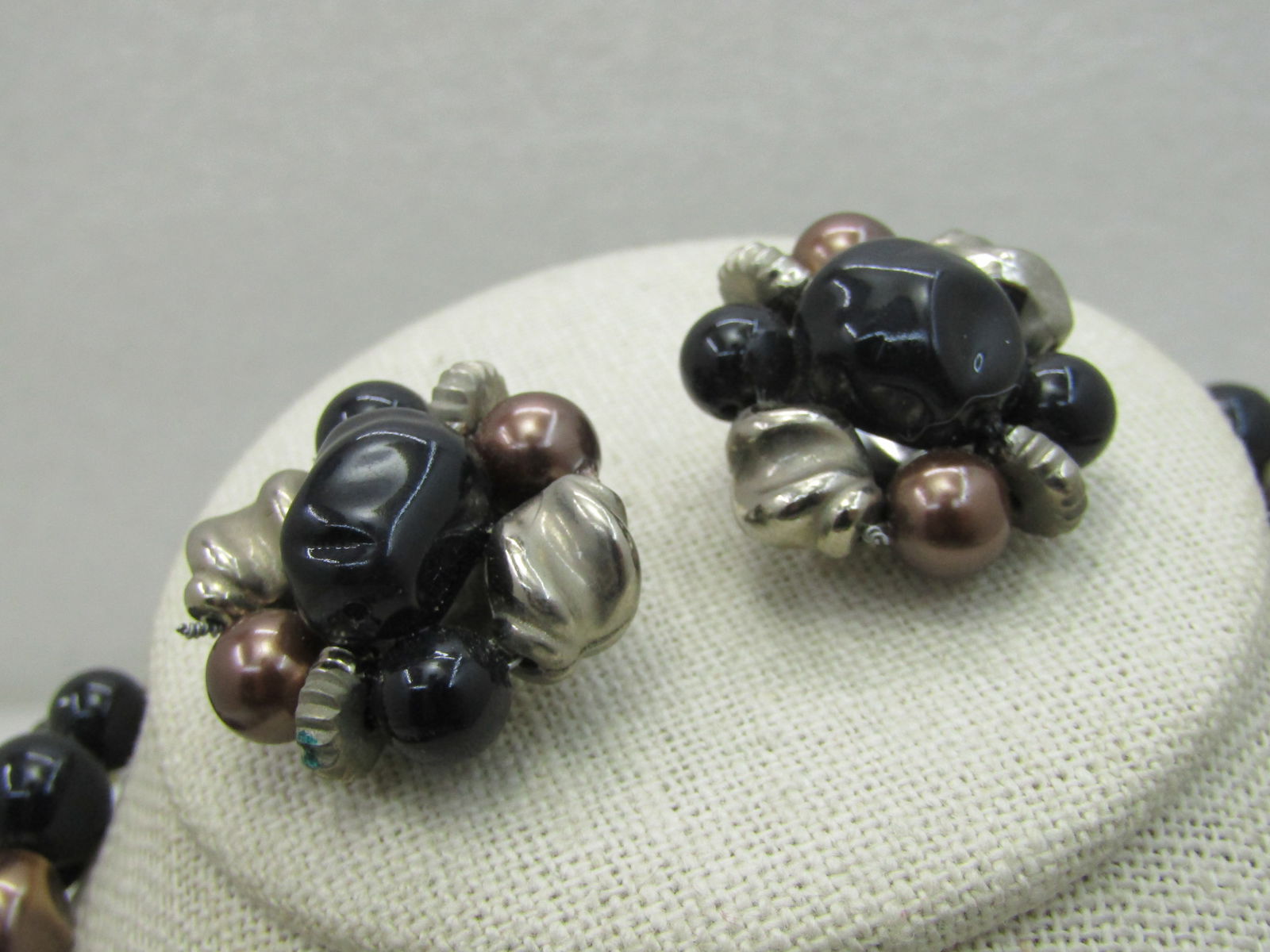 Vintage Black, Gold Beaded Multi-Strand Necklace Earrings Set, 17", 1950's-1960's - 4