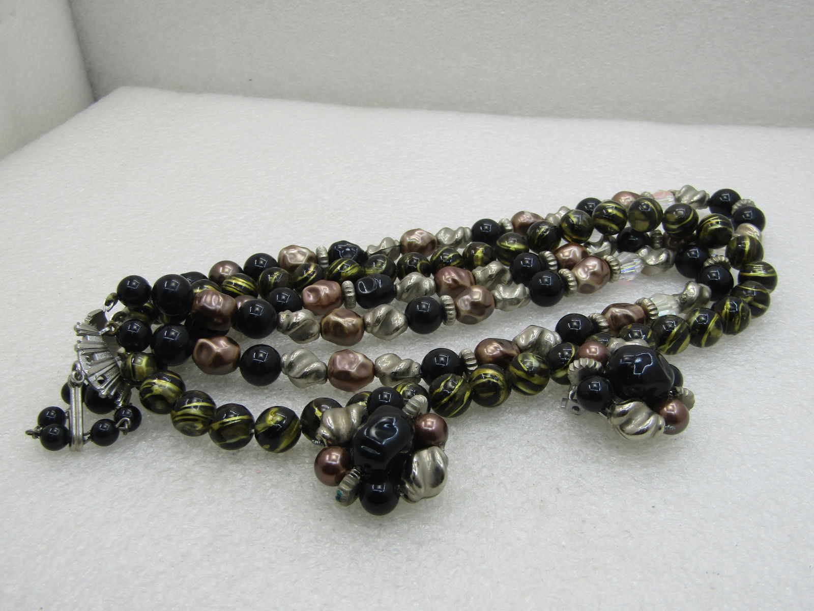 Vintage Black, Gold Beaded Multi-Strand Necklace Earrings Set, 17", 1950's-1960's - 7