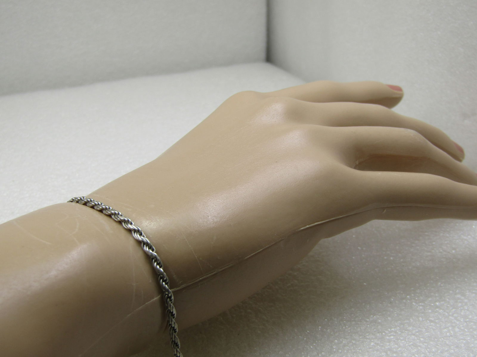 Vintage Sterling Silver 2mm Rope Chain Bracelet, Signed, 7.25" - 6