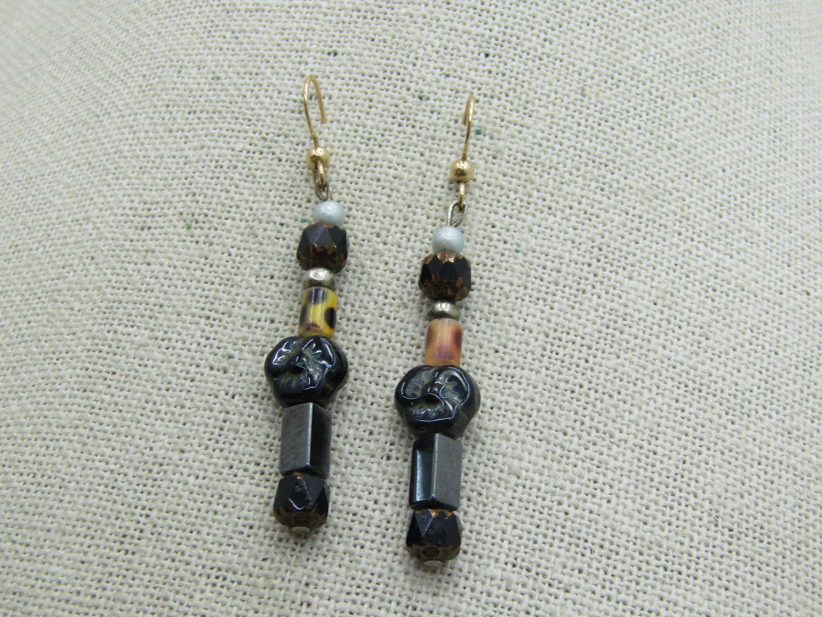 Vintage 14kt G.F. Black Beaded Earrings, Pierced, 2.25" Long - 3